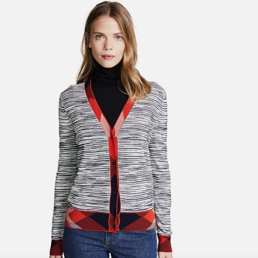 Tory Burch Red and Black Striped Cardigan
